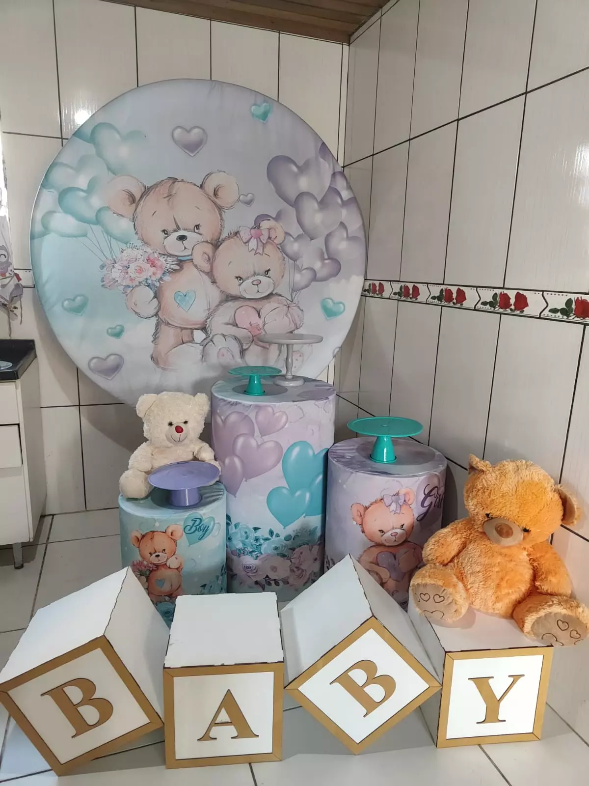 Kit Pegue e Monte - Chá Revelação Ursinhos Verde e Lilás